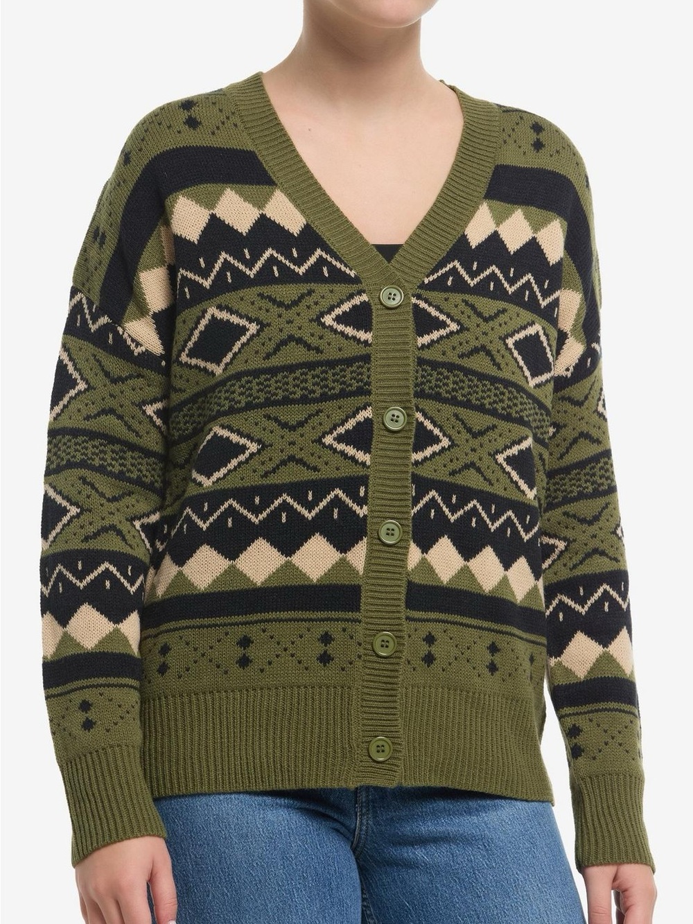 Brand new womens Thorn & Fable Green Black & Cream Geometric Cardigan
